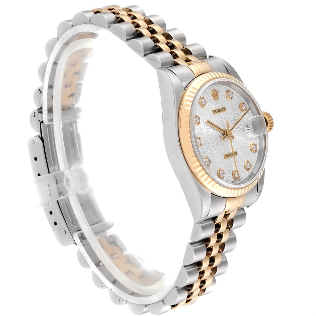 This Rolex Mid-Size 78273 Women's Steel and Gold (two tone) Silver Dial 78273 Women's Steel and Gold (two tone) Silver Dial model watch is shown at an angle displaying the face, bezel, and bracelet clearly.