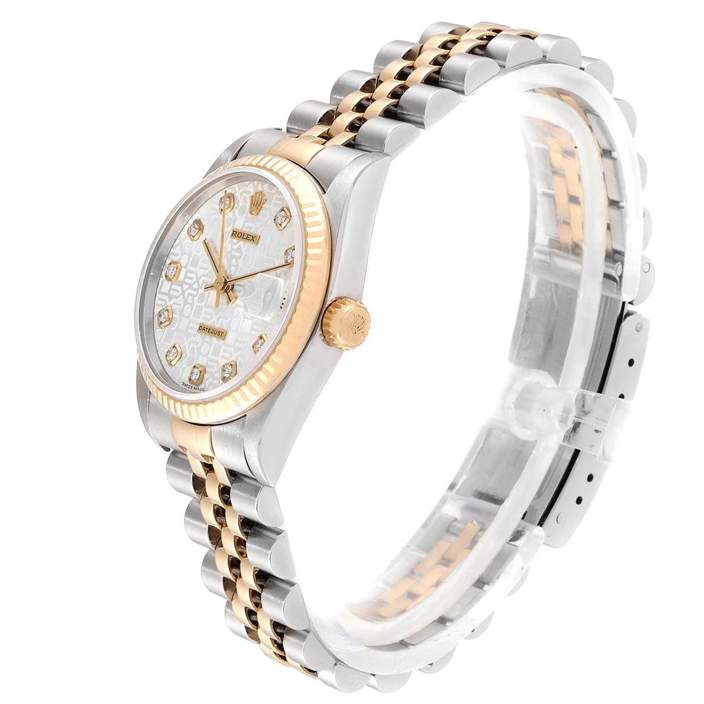 This image shows a side view of a Rolex Mid-Size 78273 Women's Steel and Gold (two tone) Silver Dial 78273 Women's Steel and Gold (two tone) Silver Dial watch, highlighting its two-tone metal bracelet, crown, and bezel.