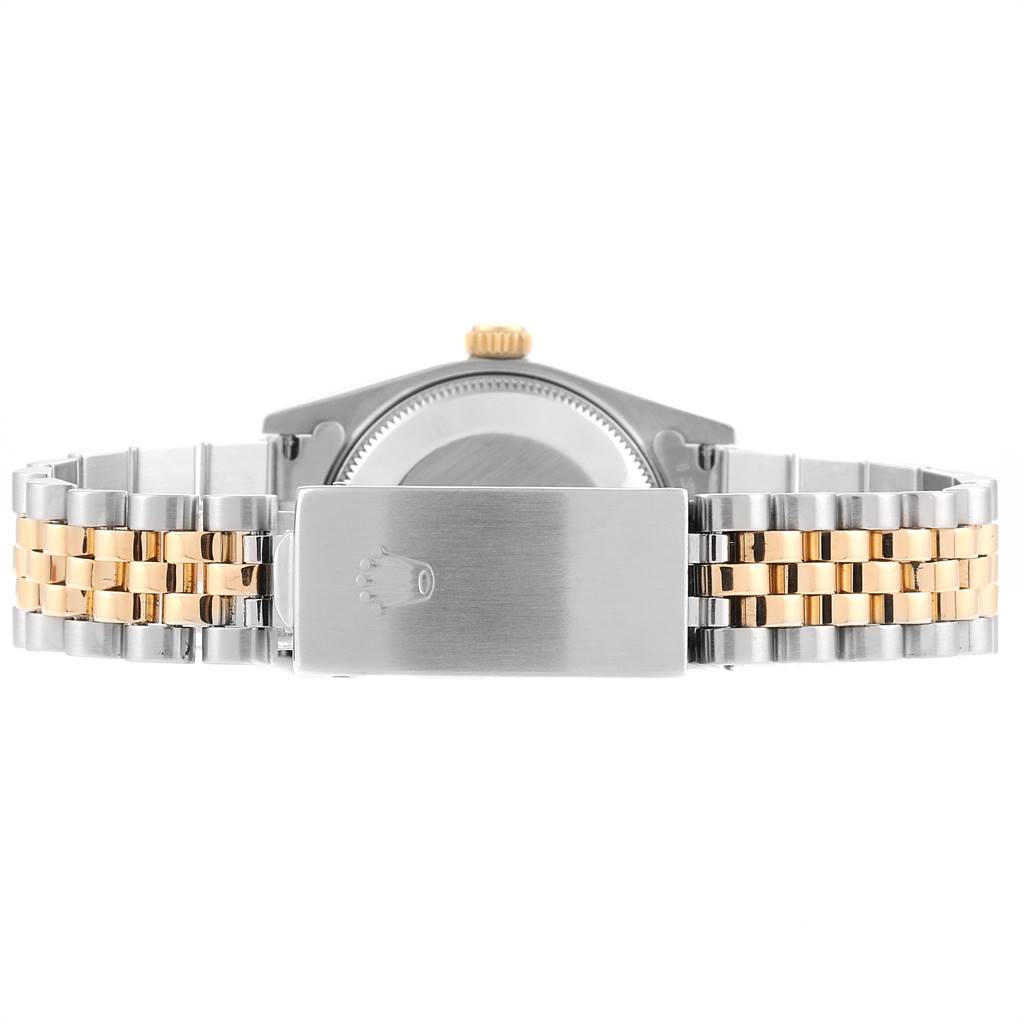 The image shows the clasp and bracelet of the Rolex Mid-Size 78273 Women's Steel and Gold (two tone) Silver Dial 78273 Women's Steel and Gold (two tone) Silver Dial model from the back.