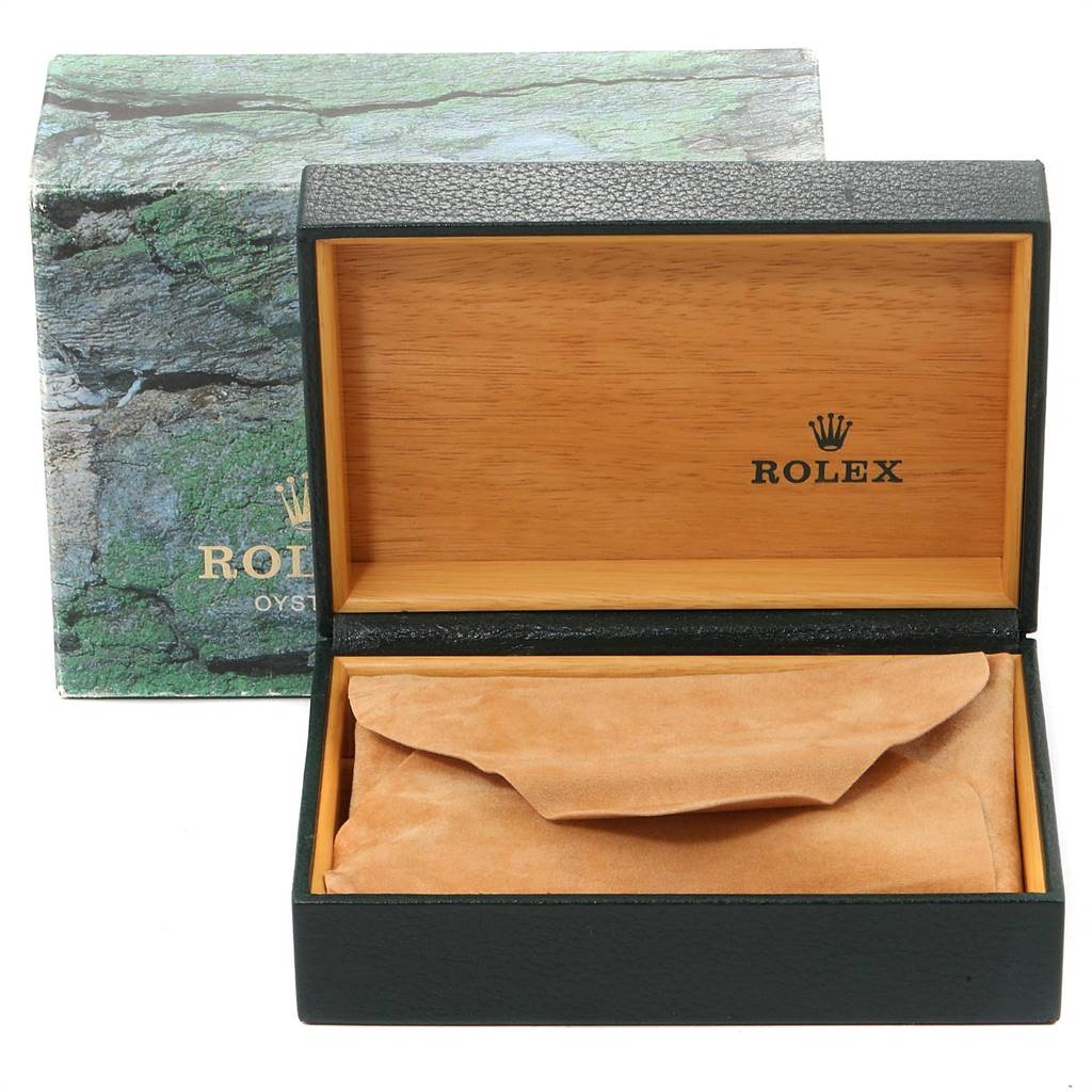 This image shows the gift box and pouch for the Rolex Mid-Size 77080 Women's Stainless Steel Pink Dial 77080 Women's Stainless Steel Pink Dial model at a front-facing angle.