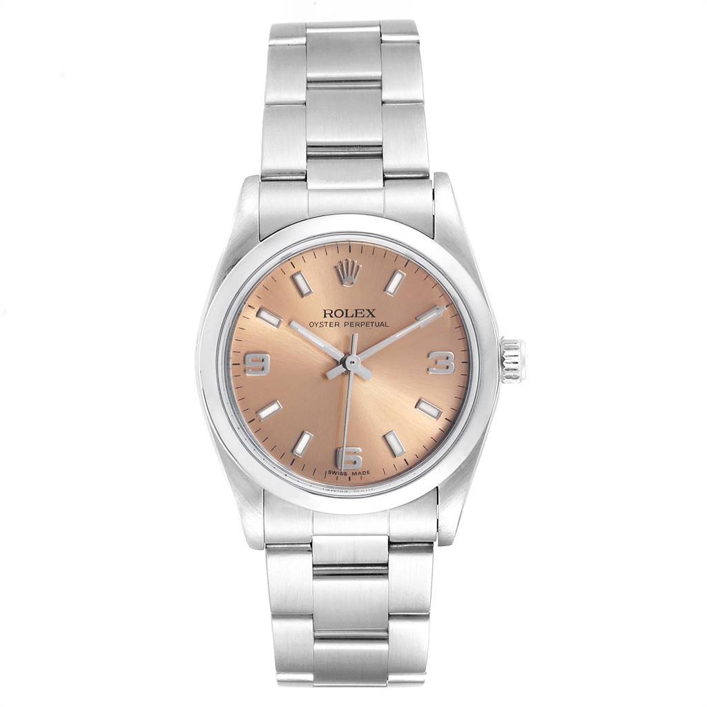 This image shows a front view of a Rolex Mid-Size 77080 Women's Stainless Steel Pink Dial 77080 Women's Stainless Steel Pink Dial Oyster Perpetual watch with a silver bracelet and a salmon dial.