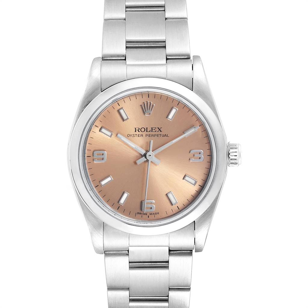 This is a front view of a Rolex Oyster Perpetual Mid-Size model, showing the dial, case, crown, and bracelet.