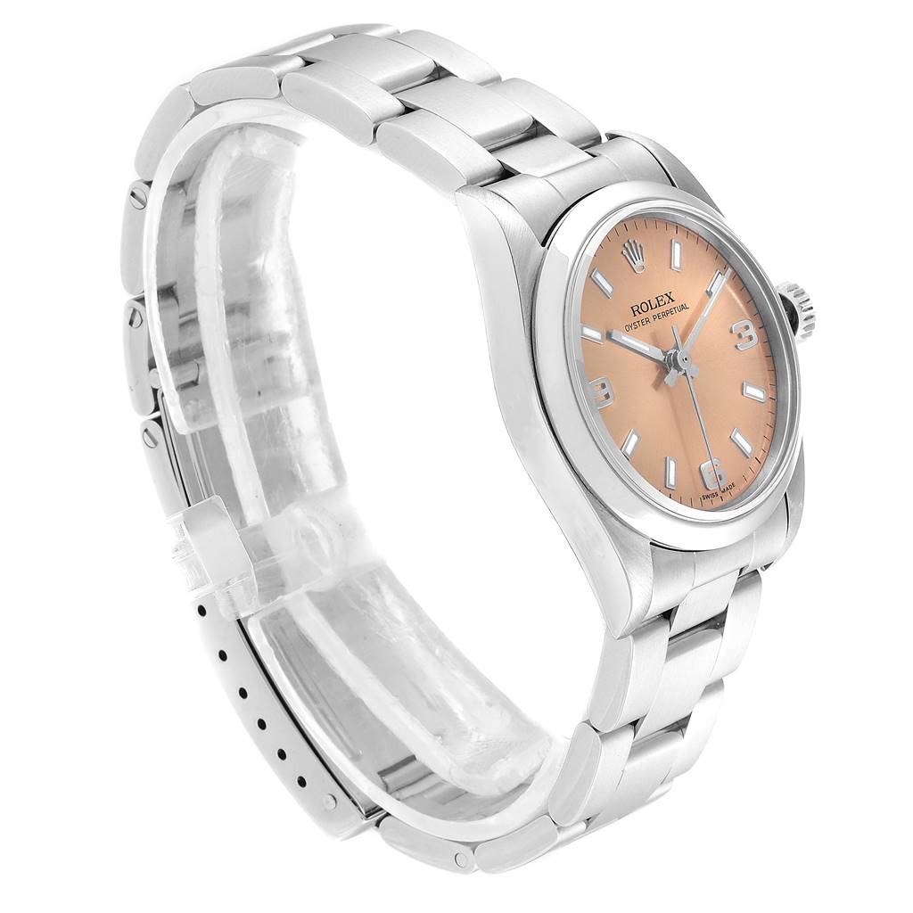 The Rolex Mid-Size 77080 Women's Stainless Steel Pink Dial 77080 Women's Stainless Steel Pink Dial Oyster Perpetual watch is seen from an angled side view, showcasing its bracelet, case, and dial.