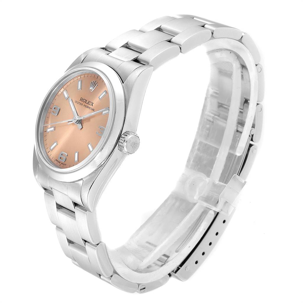 The image shows a Rolex Mid-Size 77080 Women's Stainless Steel Pink Dial 77080 Women's Stainless Steel Pink Dial model watch at a three-quarter angle, highlighting the case, dial, bracelet, and crown.