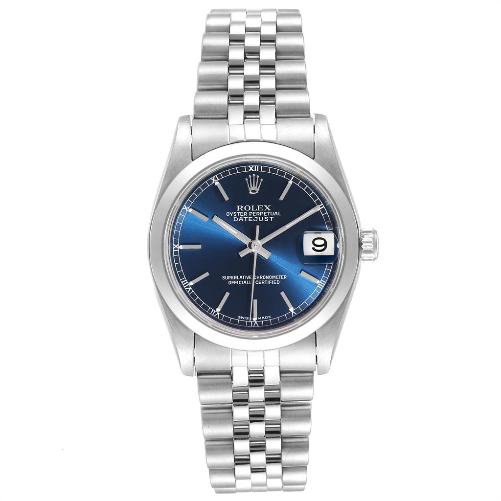 This Rolex Mid-Size 78240 Women
s Stainless Steel Blue Dial 78240 Women
s Stainless Steel Blue Dial watch is shown from the front, displaying its blue dial, date window, and stainless steel bracelet.