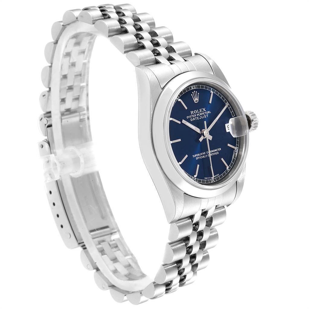 The image shows a side angle of a Rolex Mid-Size 78240 Women
s Stainless Steel Blue Dial 78240 Women
s Stainless Steel Blue Dial Datejust watch, highlighting the blue dial, stainless steel case, and jubilee bracelet.