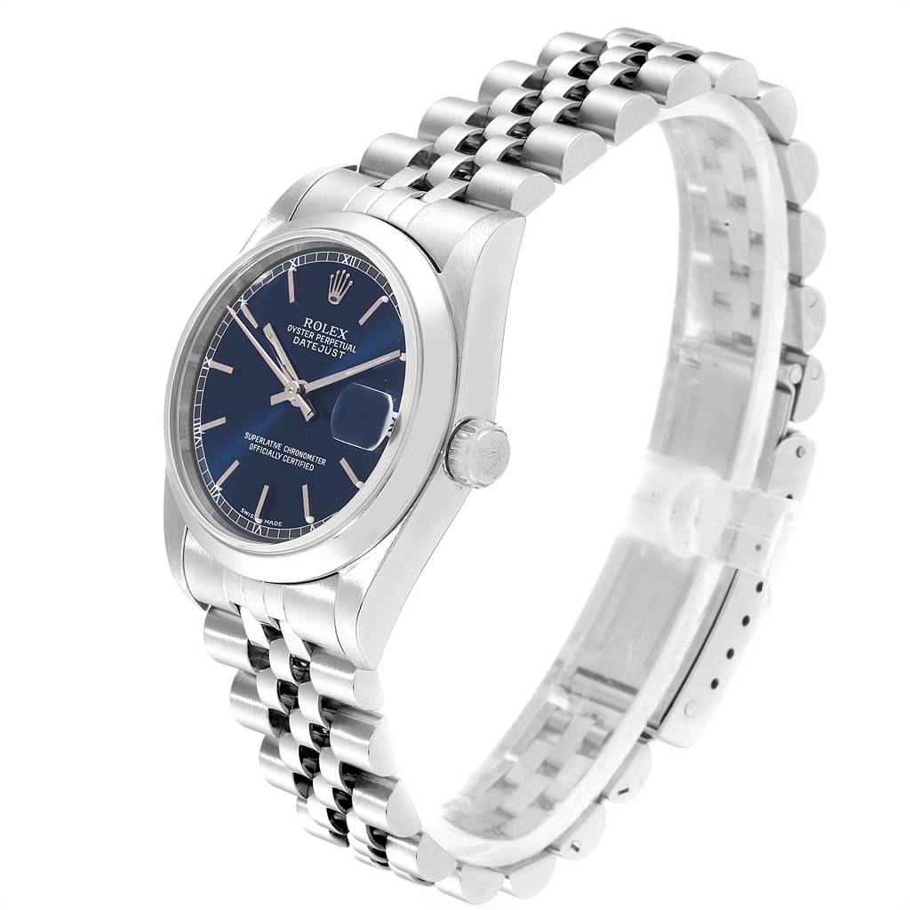 The image shows a Rolex Mid-Size 78240 Women
s Stainless Steel Blue Dial 78240 Women
s Stainless Steel Blue Dial Oyster Perpetual Datejust from an angled side view, displaying the watch face, case, and bracelet.