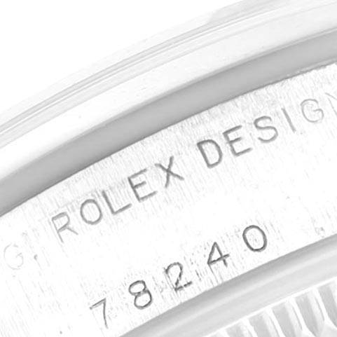 The image shows a close-up of the case back with the engraved model number "78240" and "Rolex Design" on the Mid-Size Rolex watch.