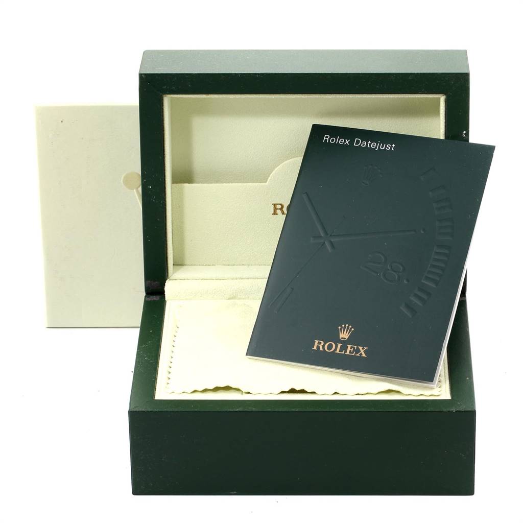 The image shows the open box and manual for a Mid-Size Rolex Datejust.