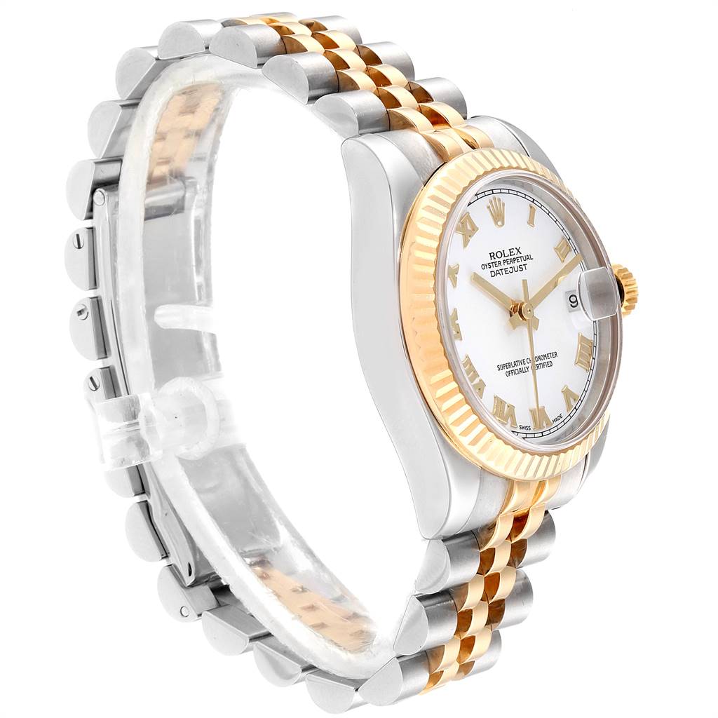 This image features a Rolex Datejust Mid-Size model shown from a side angle, highlighting the watch face, bezel, and two-tone bracelet.