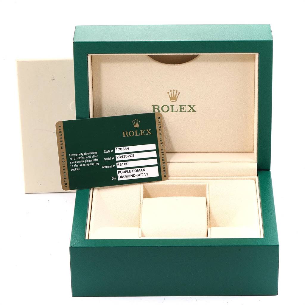 The image shows an open Rolex Mid-Size 178344 Women's Stainless Steel Blue Dial 178344 Women's Stainless Steel Blue Dial model watch box and warranty card, angled from the front.