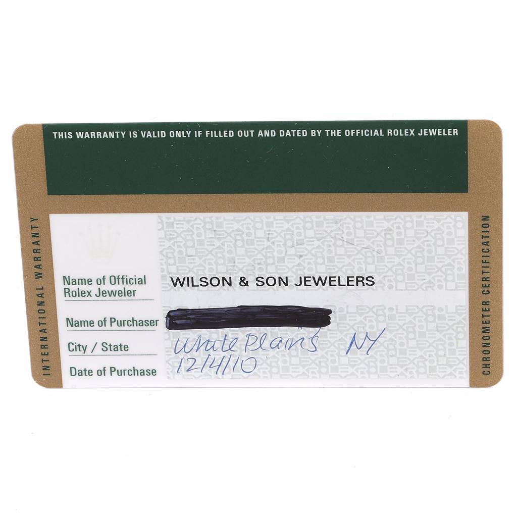 The image shows the warranty card for a Rolex Mid-Size 178344 Women's Stainless Steel Blue Dial 178344 Women's Stainless Steel Blue Dial model.