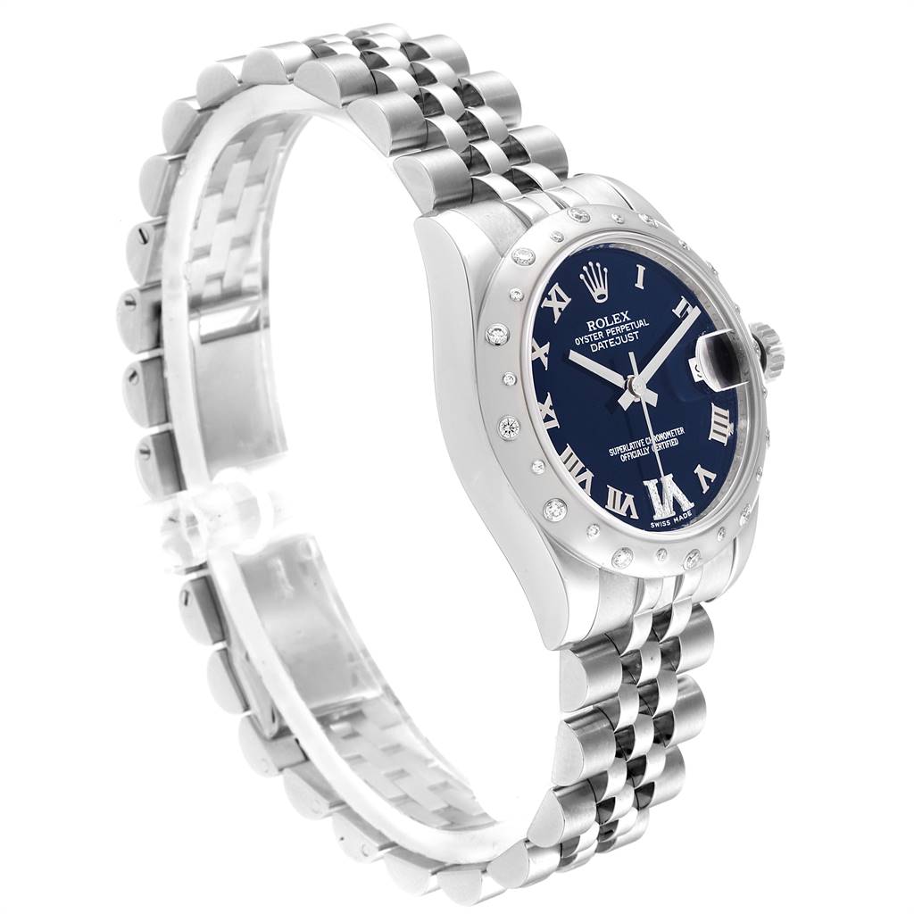 This Rolex Mid-Size 178344 Women's Stainless Steel Blue Dial 178344 Women's Stainless Steel Blue Dial watch is shown at a three-quarter angle highlighting its face, bracelet, bezel, and crown.