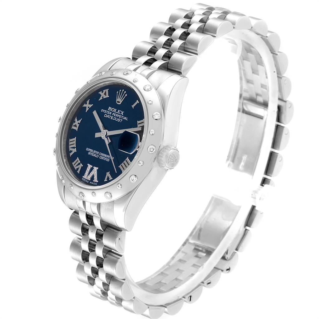 The image shows a Rolex Mid-Size 178344 Women's Stainless Steel Blue Dial 178344 Women's Stainless Steel Blue Dial Datejust watch angled slightly to display the face, bezel, crown, and bracelet.