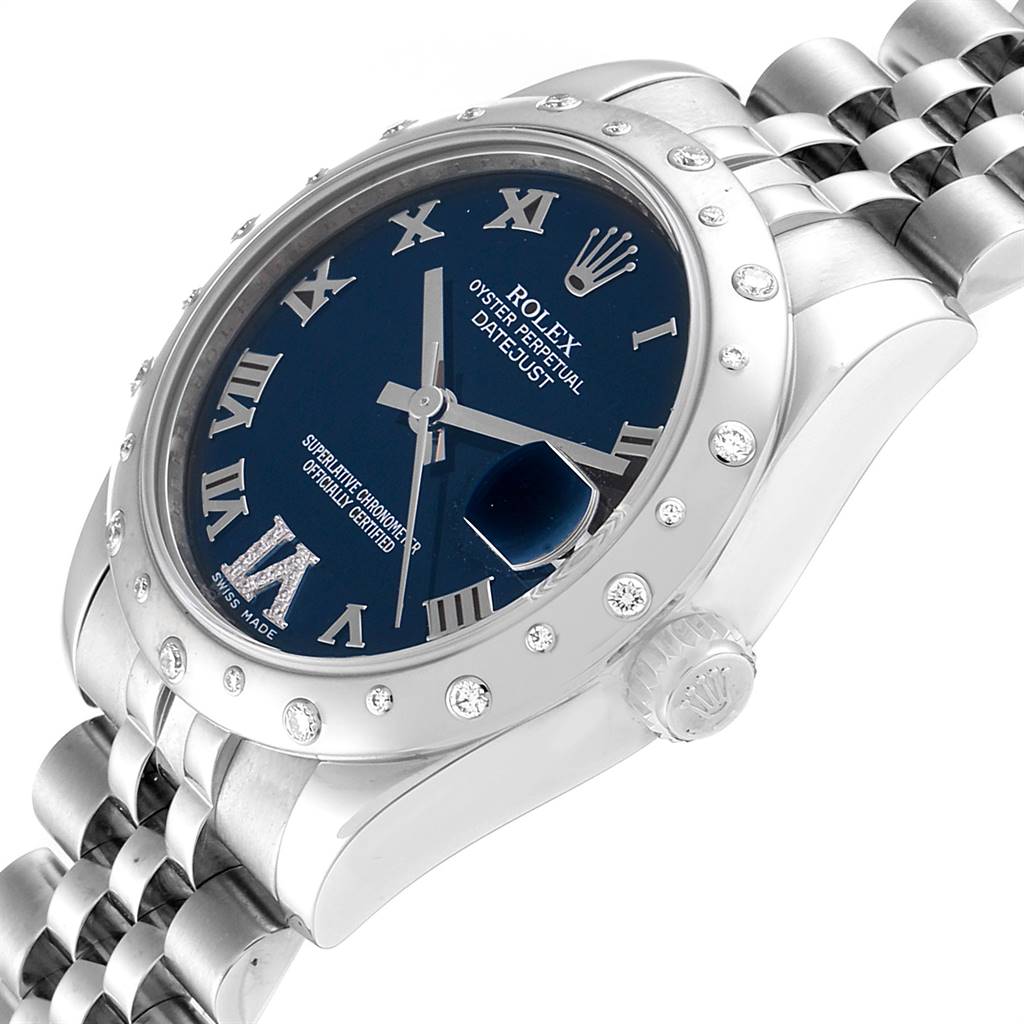 The image shows a close-up angled view of the face, bezel, and crown of the Rolex Mid-Size 178344 Women's Stainless Steel Blue Dial 178344 Women's Stainless Steel Blue Dial Oyster Perpetual Datejust watch.