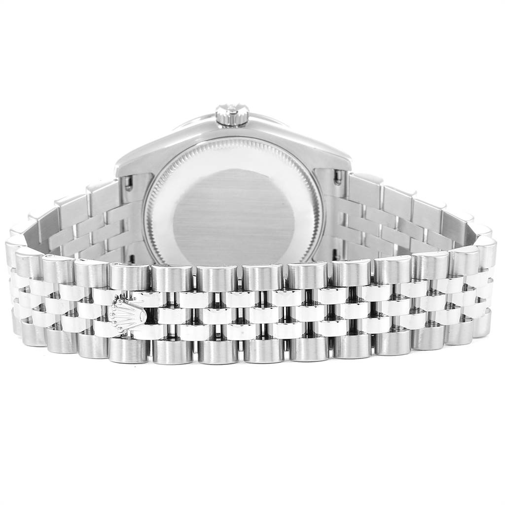 The image shows the back view of a Mid-Size Rolex watch, highlighting the case back and jubilee bracelet.