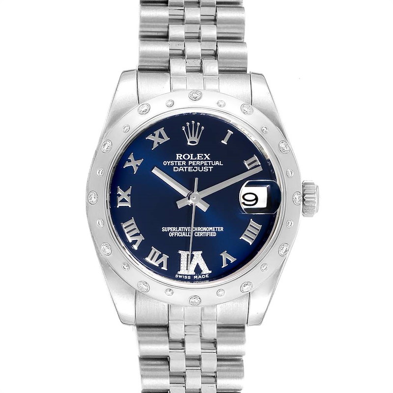 Rolex Datejust 31 Midsize Blue Dial Steel Diamond Watch 178344 Box Card SwissWatchExpo