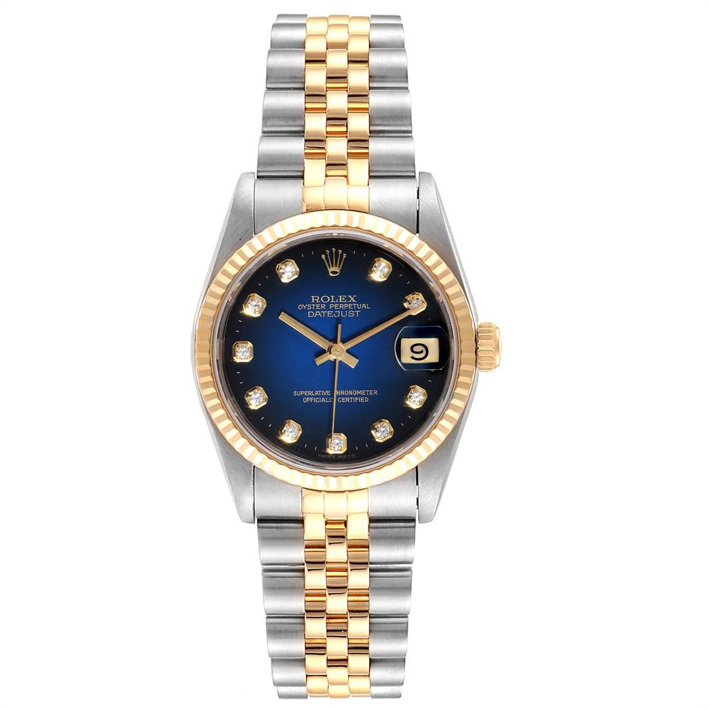 The Rolex Mid-Size 68273 Women's Steel and Gold (two tone) Blue Dial 68273 Women's Steel and Gold (two tone) Blue Dial watch is shown from the front, displaying the dial, bezel, and bracelet.