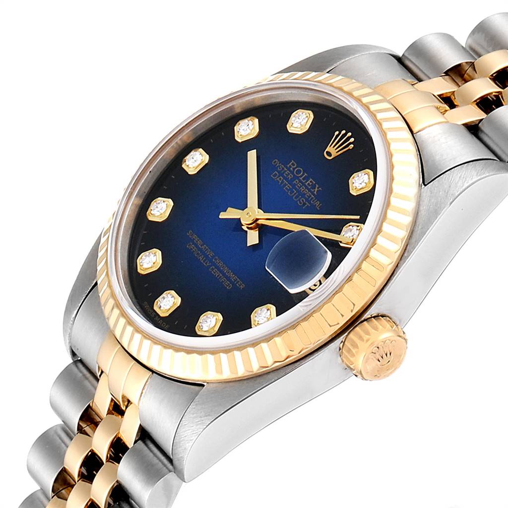 This image shows a close-up angled view of the Rolex Datejust Mid-Size watch, focusing on the dial, crown, and bracelet.