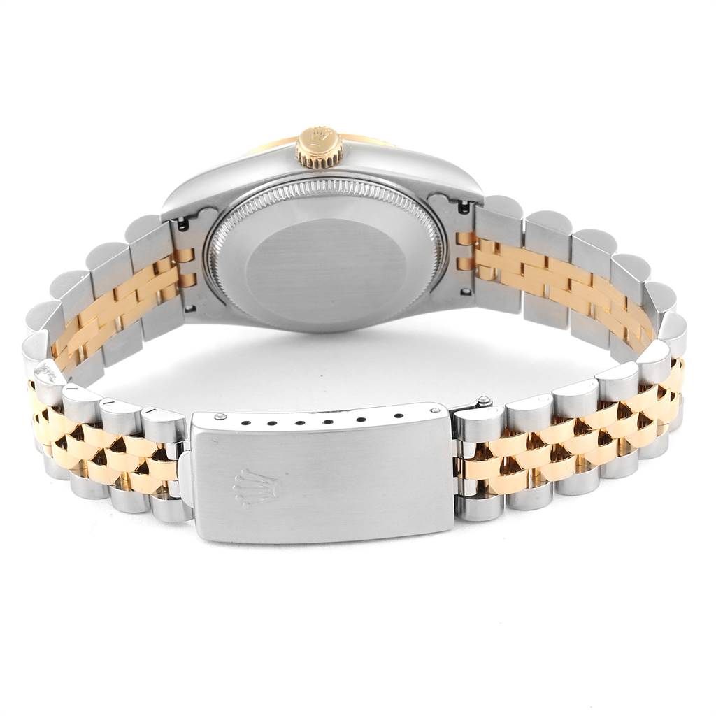 The image shows the back side of a Rolex Mid-Size 68273 Women's Steel and Gold (two tone) Blue Dial 68273 Women's Steel and Gold (two tone) Blue Dial watch, including the case back, crown, and two-tone jubilee bracelet with the clasp closed.