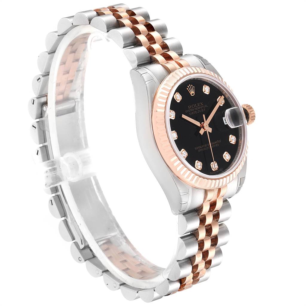 The image shows a side view of the Mid-Size Rolex watch, highlighting its dial, bezel, and bracelet.