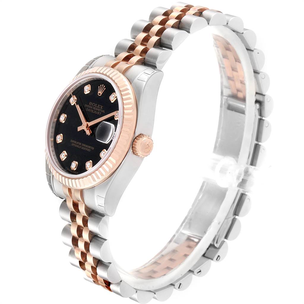 The Rolex Mid-Size 178271 Women's Steel and Gold (two tone) Black Dial 178271 Women's Steel and Gold (two tone) Black Dial model watch is shown at an angle displaying the face, dial, crown, and two-tone bracelet.