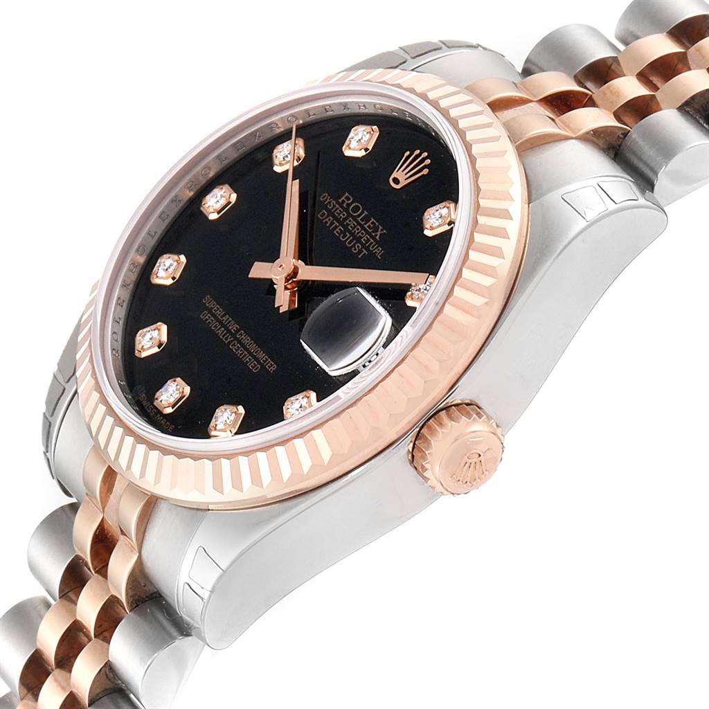 This image shows a side angle of the Rolex Mid-Size 178271 Women's Steel and Gold (two tone) Black Dial 178271 Women's Steel and Gold (two tone) Black Dial watch, highlighting the bezel, crown, bracelet, and black dial with diamond markers.