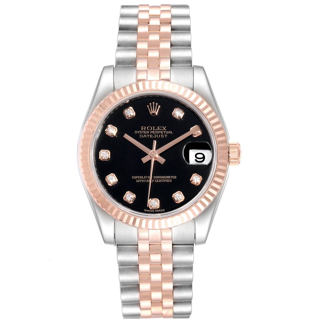 This Mid-Size Rolex Datejust watch is shown from the front, displaying its dial, bezel, and two-tone bracelet.