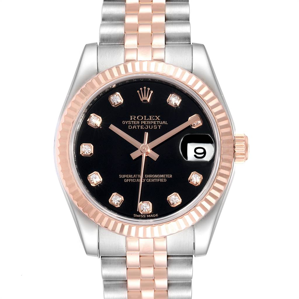 The image shows a front view of a Rolex Mid-Size 178271 Women's Steel and Gold (two tone) Black Dial 178271 Women's Steel and Gold (two tone) Black Dial Datejust watch, highlighting its dial, bezel, and bracelet.