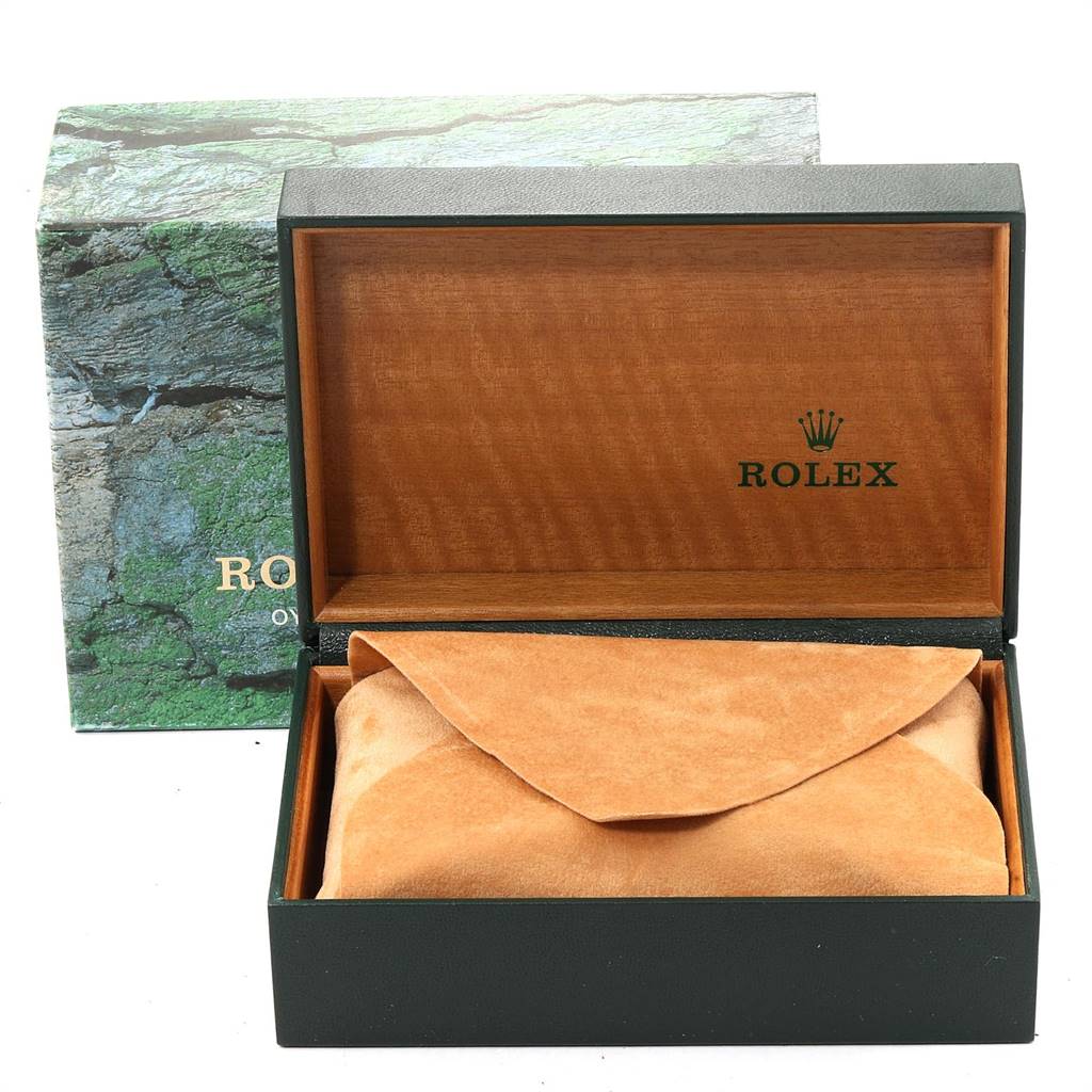 The image shows an open Rolex watch box with a suede pouch inside for a Rolex Mid-Size 78273 Women's Steel and Gold (two tone) Blue Dial 78273 Women's Steel and Gold (two tone) Blue Dial model.