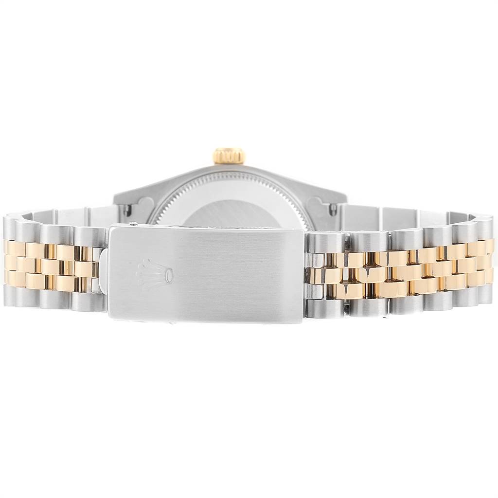 This image shows the back of a Rolex Mid-Size 78273 Women's Steel and Gold (two tone) Blue Dial 78273 Women's Steel and Gold (two tone) Blue Dial model watch, highlighting the clasp and bracelet.