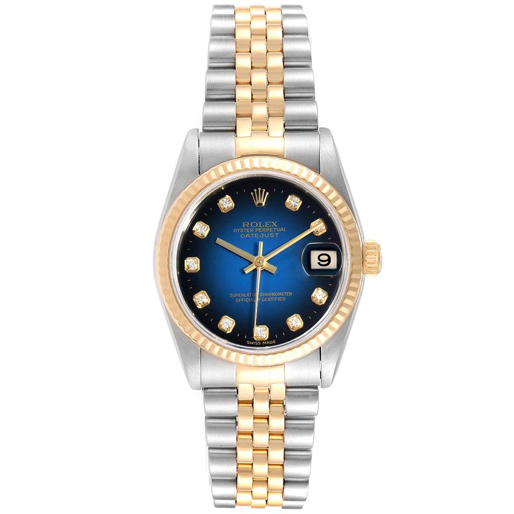 The image shows a front view of a Rolex Datejust Mid-Size watch, highlighting its face, bezel, bracelet, and date feature.