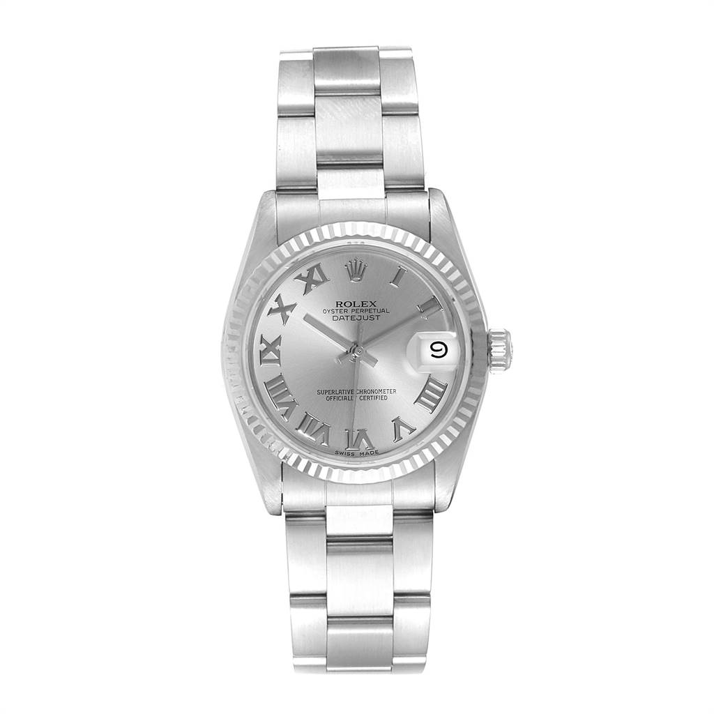 This image shows a front view of a Rolex Mid-Size 68274 Women's Stainless Steel Silver Dial 68274 Women's Stainless Steel Silver Dial Oyster Perpetual Datejust watch, featuring its bracelet, dial, and crown.