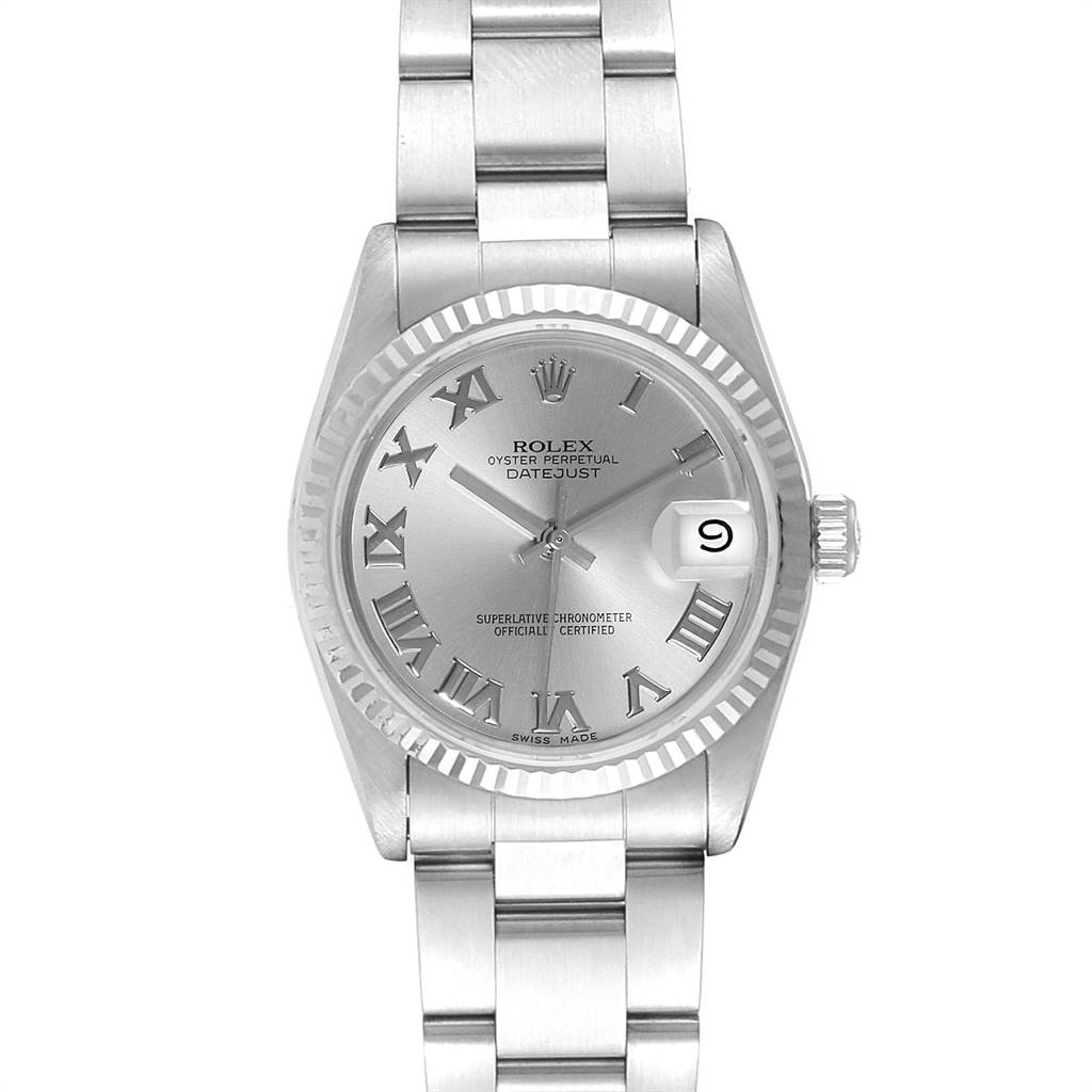 The image shows a front view of a Rolex Mid-Size 68274 Women's Stainless Steel Silver Dial 68274 Women's Stainless Steel Silver Dial Oyster Perpetual Datejust watch displaying its dial, bezel, and bracelet.