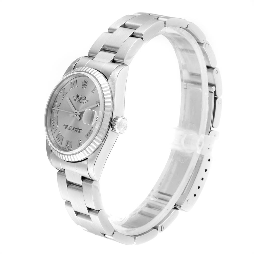 The image shows a side angle of the Mid-Size Rolex Oyster Perpetual Datejust, showcasing its bracelet and face.