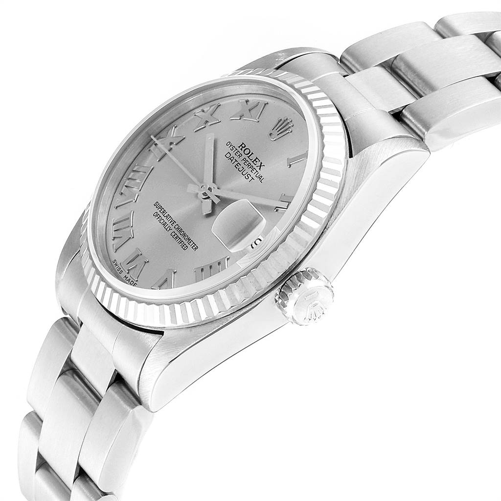 The image shows a side angle of a Rolex Datejust Mid-Size watch, highlighting the face, bezel, crown, and bracelet.
