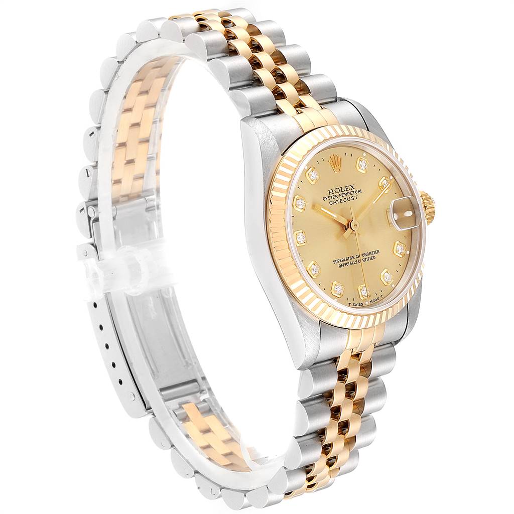 The image shows a Rolex Mid-Size 68273 Women's Steel and Gold (two tone) Champagne Dial 68273 Women's Steel and Gold (two tone) Champagne Dial model from an angled side view, highlighting its dial, case, and two-tone bracelet.