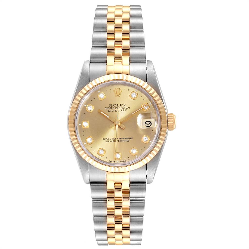 This image shows a front view of a Rolex Datejust Mid-Size watch with a gold and silver bracelet.