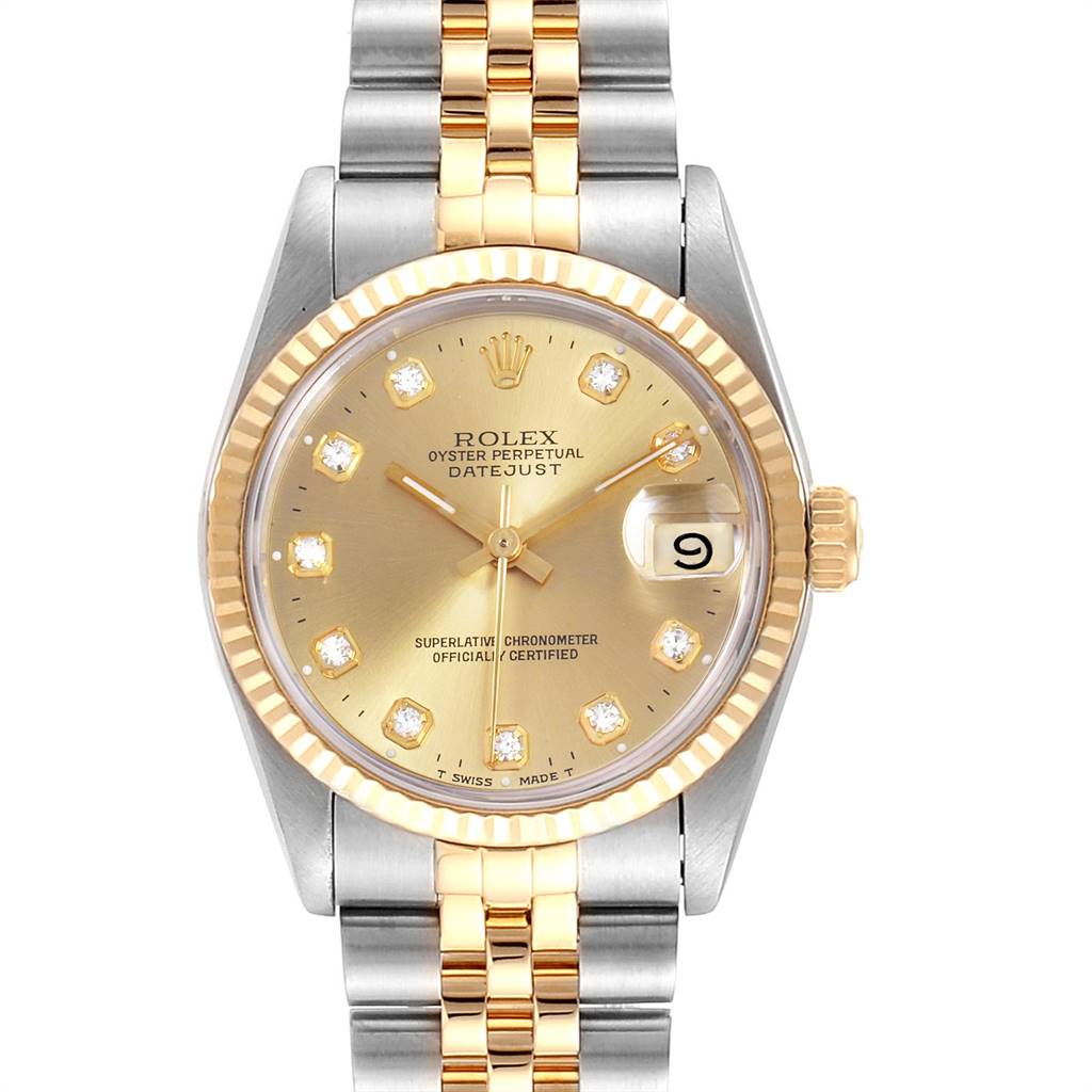 The image displays a frontal view of the Rolex Datejust Mid-Size watch, showcasing its dial, bezel, and bracelet.