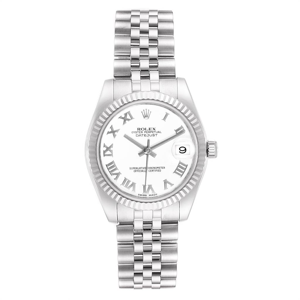 The image shows a front view of the Rolex Datejust Mid-Size watch, highlighting its dial, bezel, and bracelet.