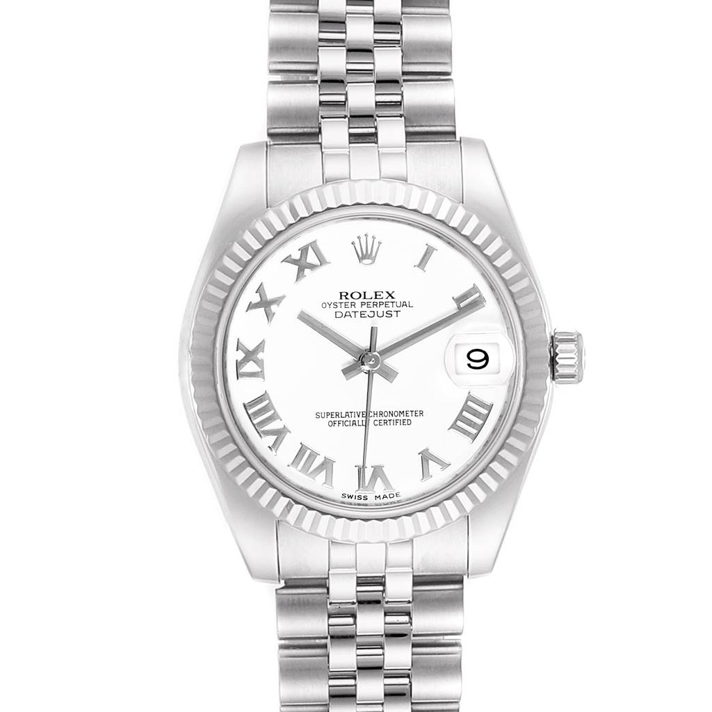 The image shows a front view of the Rolex Datejust Mid-Size watch, displaying its dial and bracelet.