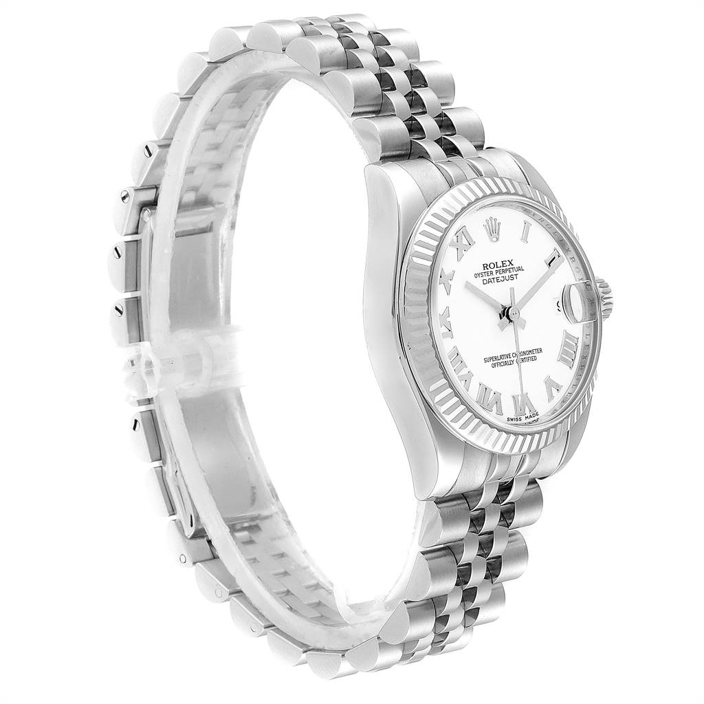 The image shows a side angle view of a Rolex Mid-Size 178274 Women's Stainless Steel White Dial 178274 Women's Stainless Steel White Dial Datejust watch, highlighting its bracelet, case, and face.