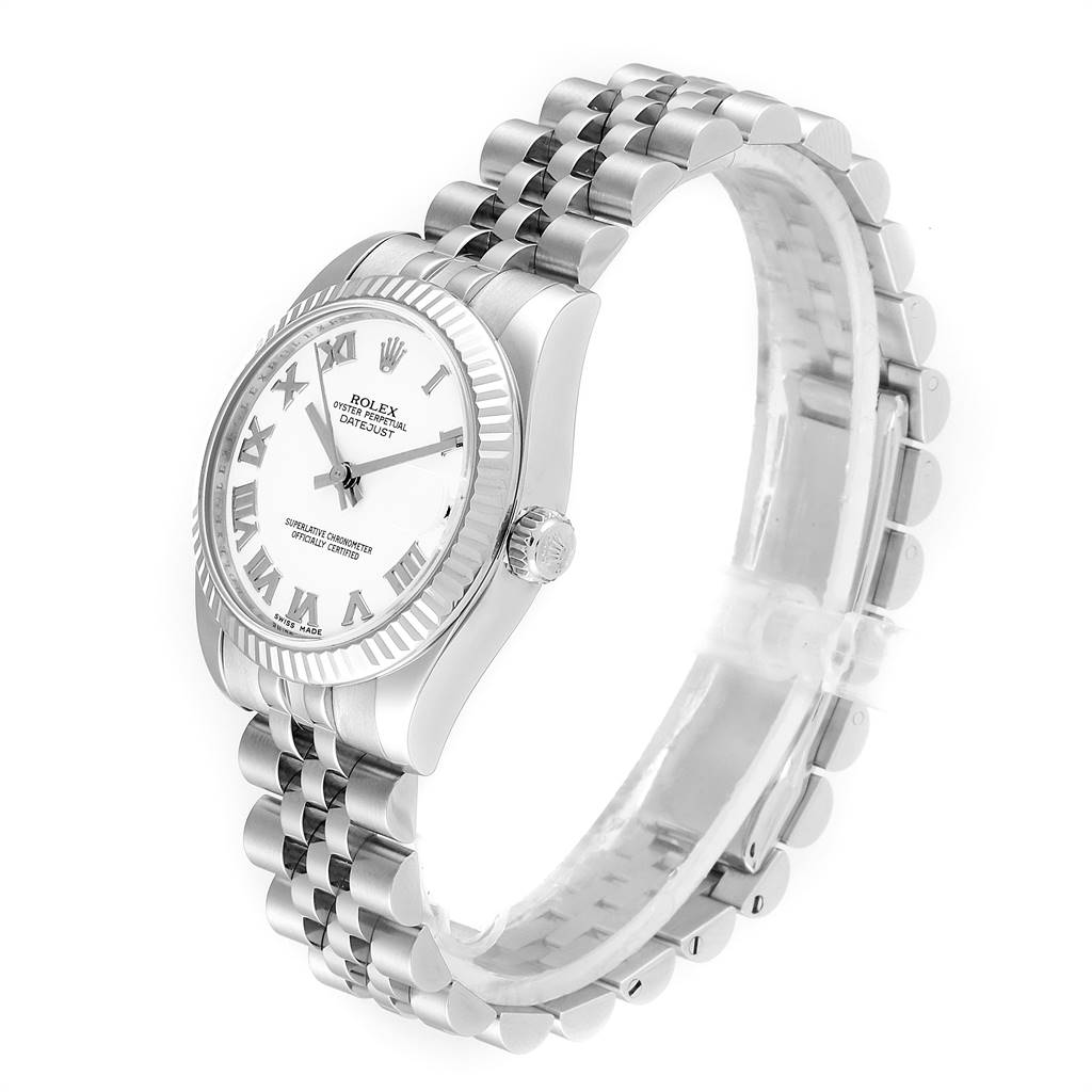The Rolex Mid-Size 178274 Women's Stainless Steel White Dial 178274 Women's Stainless Steel White Dial watch is shown at a slight angle, highlighting the face, case, crown, and metal bracelet band.