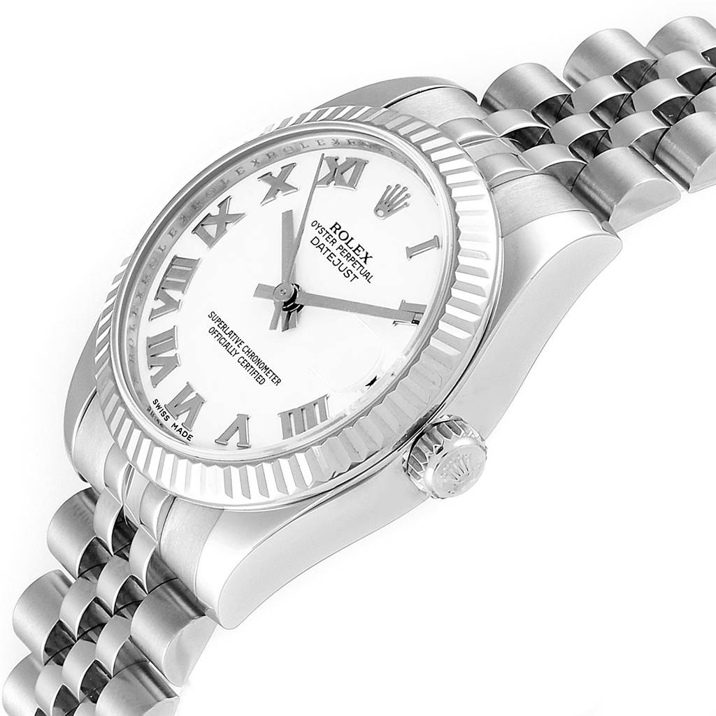 This image shows a side angle of a Rolex Mid-Size 178274 Women's Stainless Steel White Dial 178274 Women's Stainless Steel White Dial Oyster Perpetual Datejust, highlighting the crown, bezel, and bracelet.