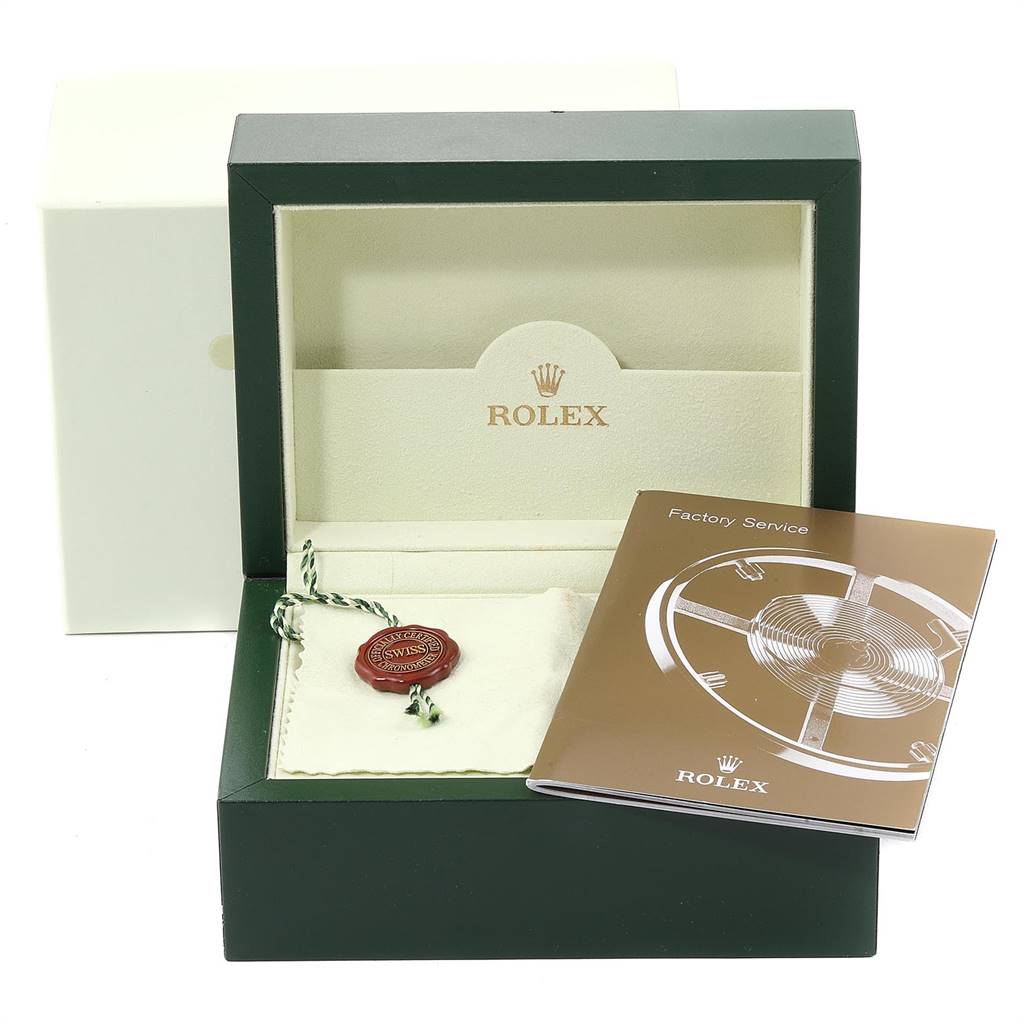 The image shows a Rolex Mid-Size 178274 Women's Stainless Steel White Dial 178274 Women's Stainless Steel White Dial watch box with a booklet and a tag inside.