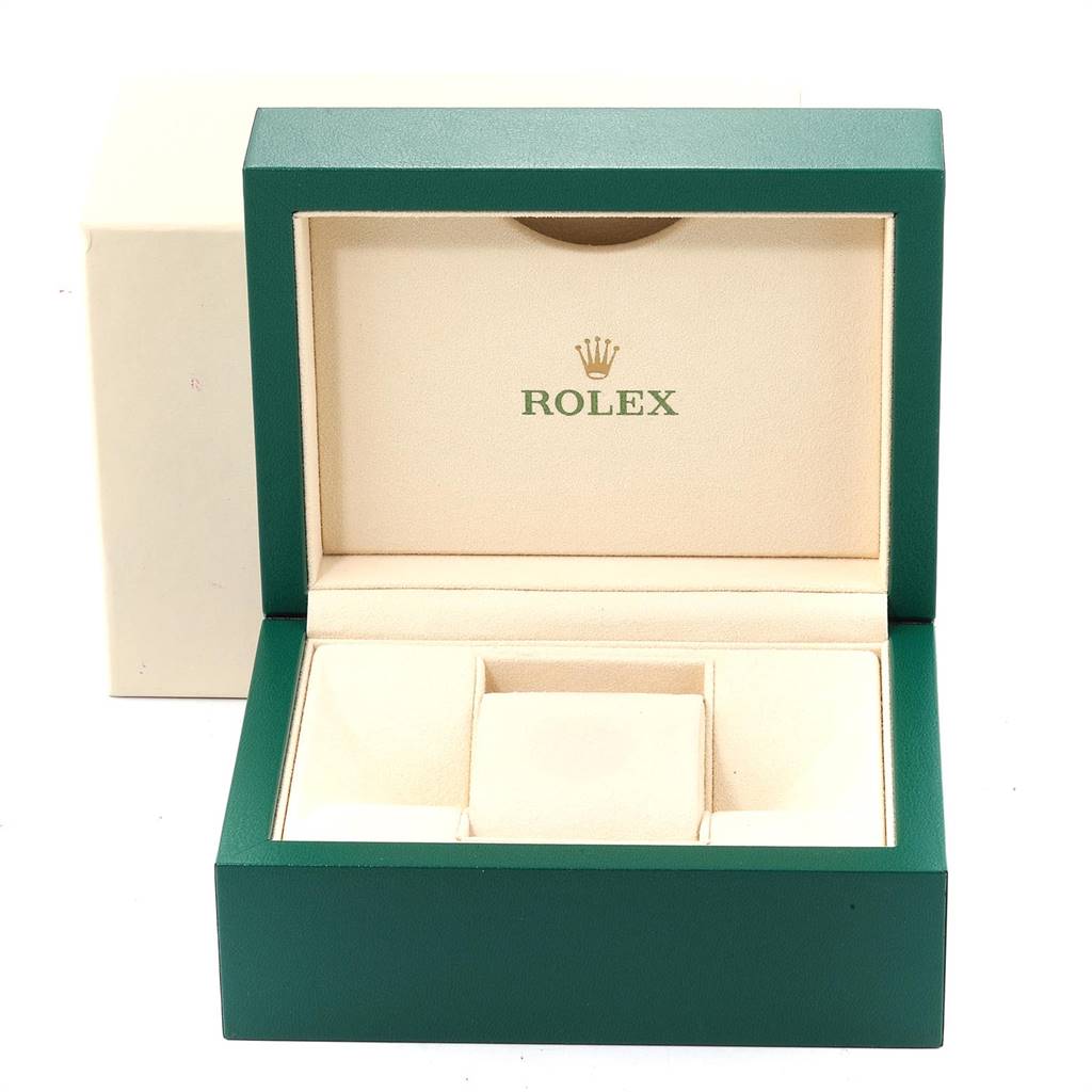 This image shows an open green and beige Rolex watch box for a Mid-Size model, displaying the interior compartments.