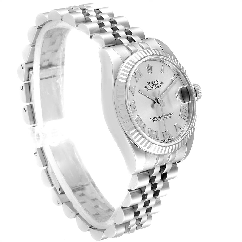 This image shows a Rolex Oyster Perpetual Datejust Mid-Size watch at an angled side view, highlighting the face, bezel, and bracelet.