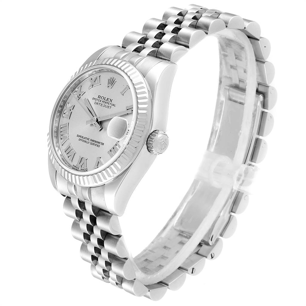 The image shows a side angle of the Rolex Mid-Size 178274 Women's Stainless Steel Silver Dial 178274 Women's Stainless Steel Silver Dial Datejust, displaying the dial, bezel, crown, and bracelet.
