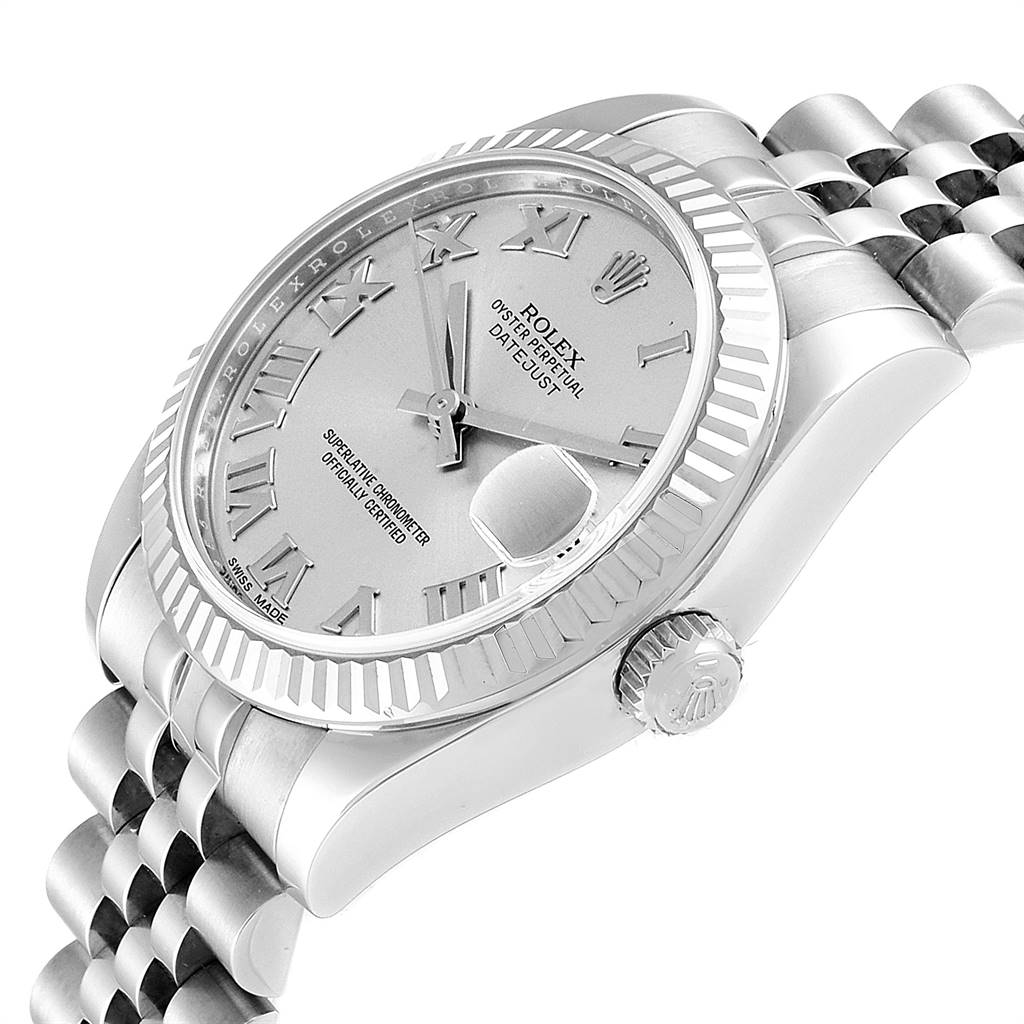 This image shows a Rolex Mid-Size 178274 Women's Stainless Steel Silver Dial 178274 Women's Stainless Steel Silver Dial Datejust watch at an angle highlighting the dial, fluted bezel, crown, and Jubilee bracelet.