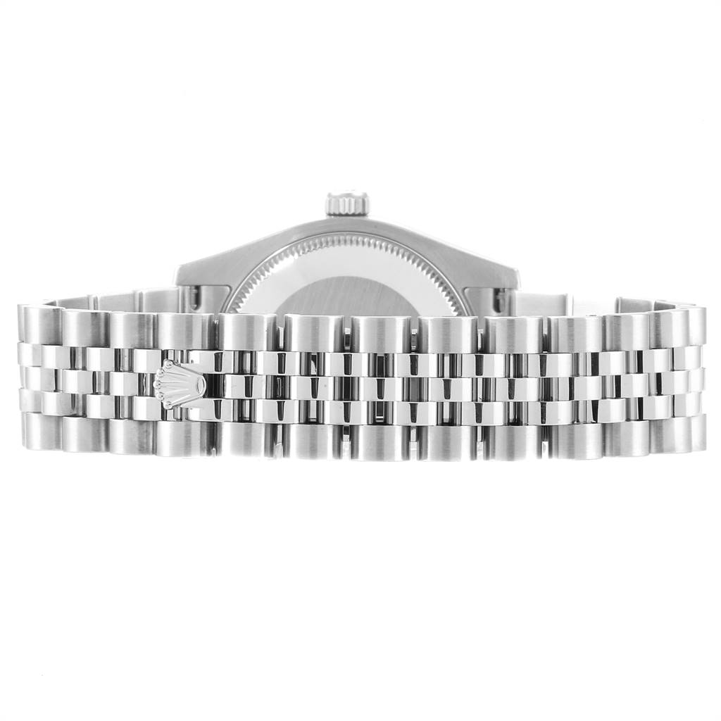 This image features the back of a Rolex Mid-Size 178274 Women's Stainless Steel Silver Dial 178274 Women's Stainless Steel Silver Dial watch, showcasing its metal bracelet and clasp.